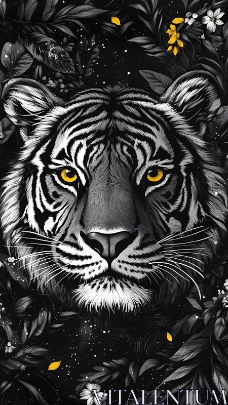 Monochrome tiger portrait with yellow eyes in stylized foliage