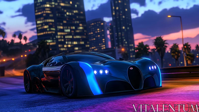 Futuristic hypercar on neon lit city street at dusk.