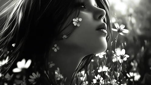 Dreamy girl in soft meadow light with gentle wildflowers.