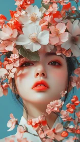 Hyperreal floral portrait with chromatic facial emphasis.