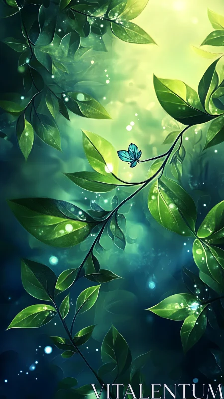 Luminous forest leaves with glowing blue butterfly at dusk.