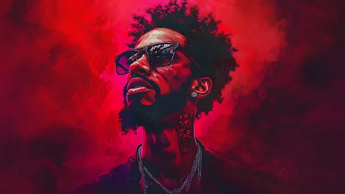 Neon red digital portrait of stylized man with sunglasses and tattoos