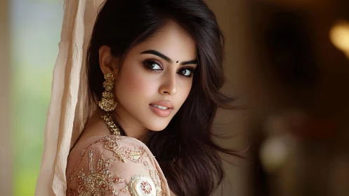 Portrait of elegant woman in embroidered traditional attire.
