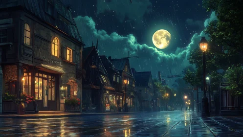 Rainy night street scene under bright full moonlight