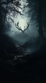 Moonlit stag spirit welcomes wanderers in the misty forest