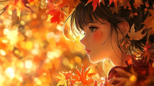Autumn anime girl in warm golden light and falling leaves.