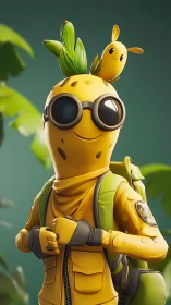 Playful pineapple explorer with companion on jungle trek.