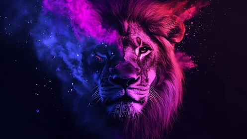 Neon lion portrait with cosmic smoke and dark background.