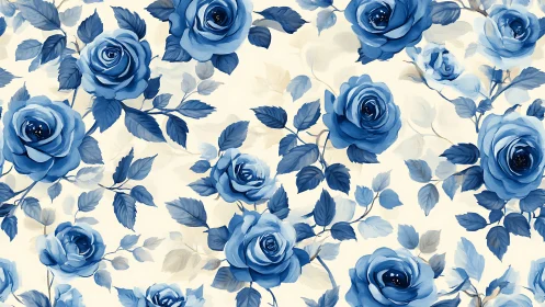 Blue Roses Pattern on Cream Background with Scattered Foliage