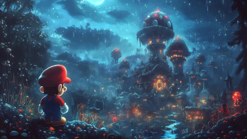 Plumber character facing glowing mushroom city at night