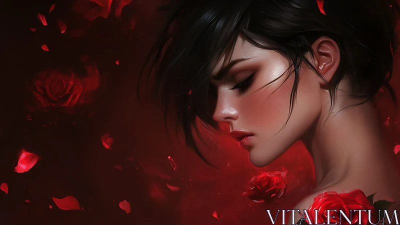 Velvet rose tempest circling a moonlit porcelain profile.