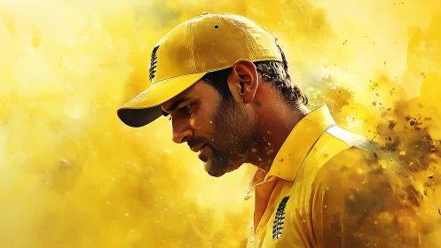 Sunlit cricketer drifts through a storm of molten yellow dust