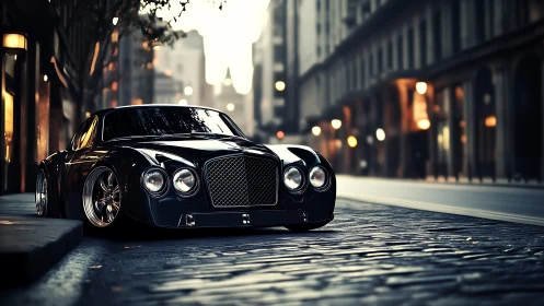 Custom black luxury coupe on empty cobblestone city street.