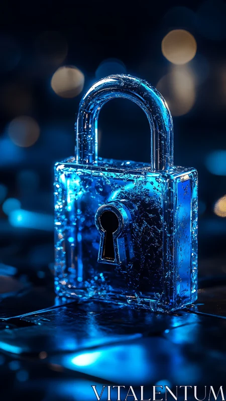 Glistening blue padlock guarding a calm digital night.