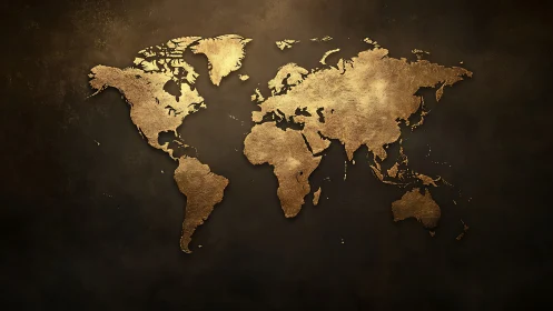 Metallic world map silhouette rendered on dark textured ground
