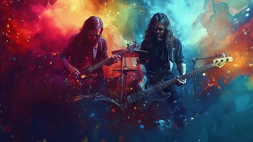 Digital painting of rock duo in neon-saturated concert haze.