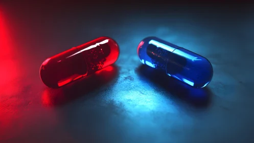 Red and Blue Capsules on Metallic Surface, Cinematic Lighting.