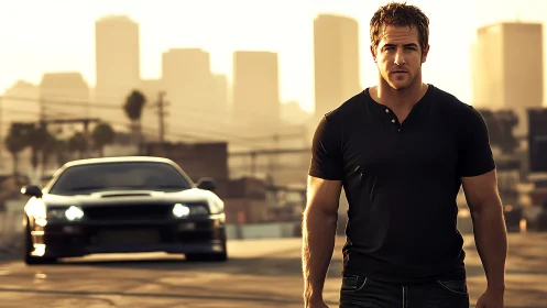 Sunlit city streets with a confident driver and sleek car.