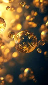 Golden liquid spheres glow against deep teal bokeh field.