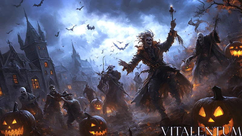 Skeletal horde storms haunted village on fiery Halloween night.