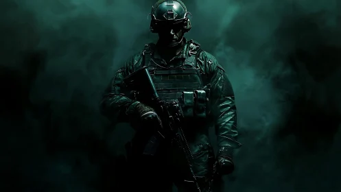 Armored tactical operator emerges from dense teal atmospheric smoke