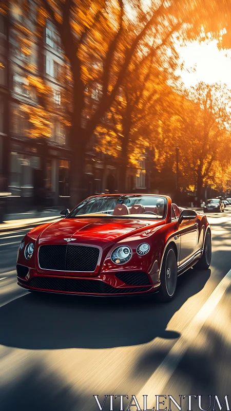 Red luxury convertible speeds through glowing autumn avenue.