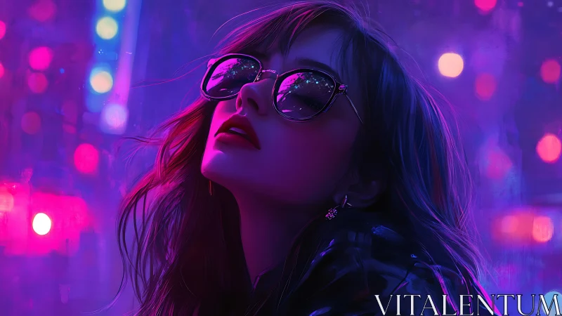 Woman in sunglasses is illuminated by neon city lights