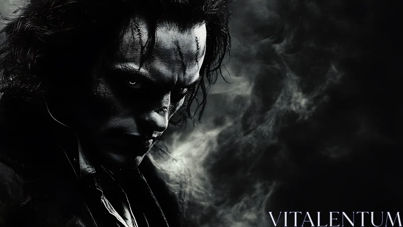 Brooding dark figure emerges from swirling shadowed smoke.