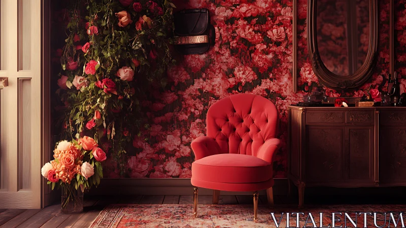 Velvet coral armchair in romantic rose wallpaper interior.