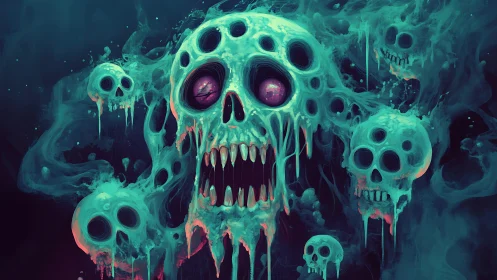 Glowing spectral skull cluster dissolves into toxic vapor