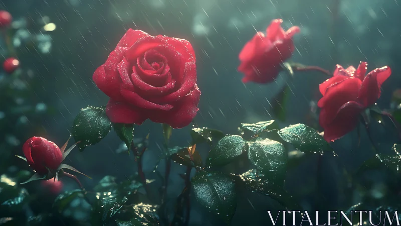 Red Roses in Rain: Wet Petals Against Teal Atmospheric Backdrop.