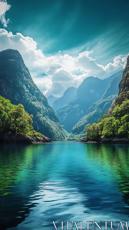 Mountain lake channels between steep forested valley slopes