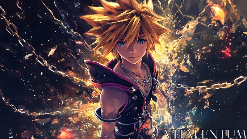 Spiky haired anime warrior amid luminous swirling chains