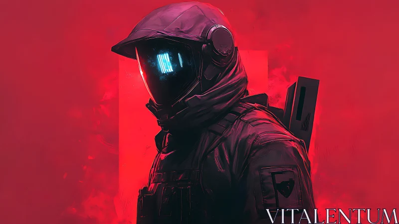 Futuristic soldier stands in neon red vapor haze. Period.