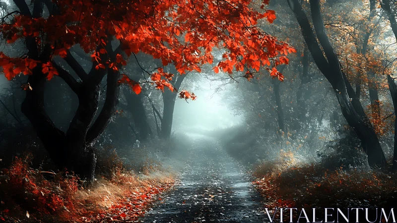 Misty forest path lined with red-leafed trees in autumn