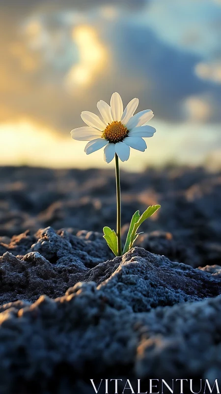 Single daisy emerges from barren soil under warm dusk sky