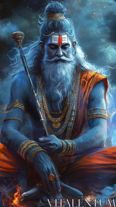 Blue-skinned ascetic deity in fiery cosmic meditation.