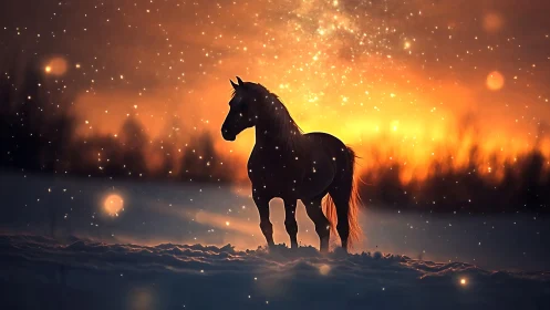 Solitary horse glows against a fiery winter twilight sky