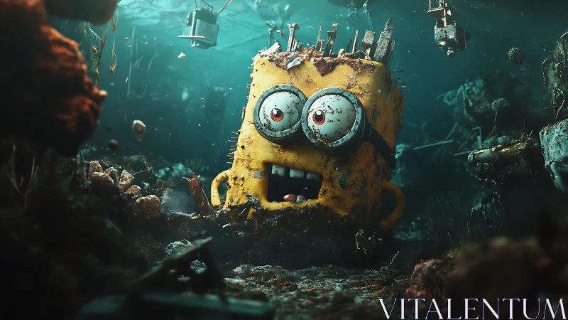 Submerged mechanical cartoon head in corroded seafloor ruin.