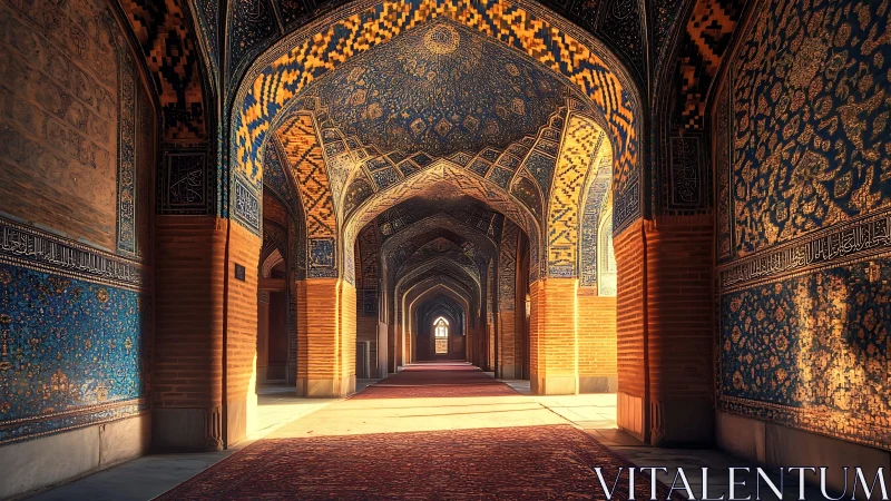 Interior corridor of ornate Islamic tiled mosque hall.