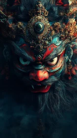 Fierce ornate demon mask glows with swirling mystical power