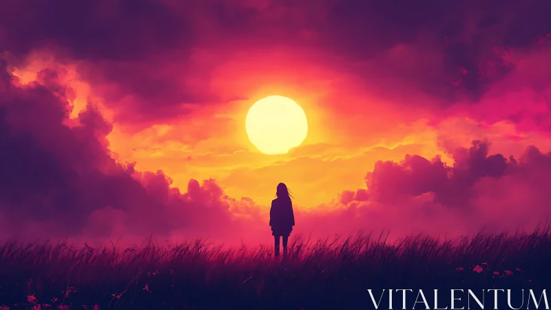 Silhouette watcher framed by neon magenta cinematic sunset sky.