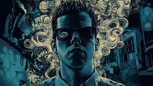 Surreal portrait shows tense man framed by swirling thoughts