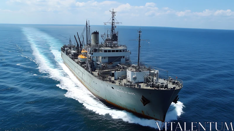 Powerful naval supply ship glides confidently across open sea