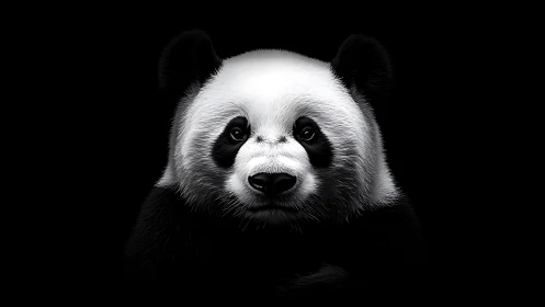 Stark frontal panda portrait in dramatic low key lighting.