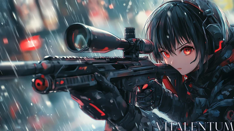 Cyberpunk sniper girl aims rifle through neon rain