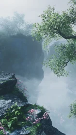 Mistwalk Gorge and Spring Blossoms Above the Quiet Drop.