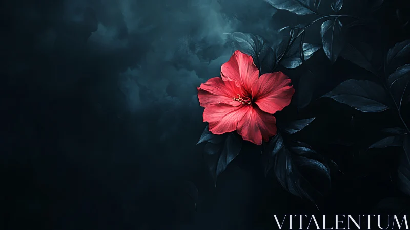 Red Hibiscus Against Dark Foliage Background.