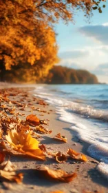 Autumn leaves scattered along a calm sandy shoreline.