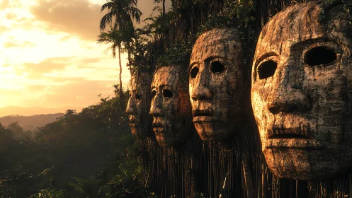 Colossal wooden masks overlook jungle valley at sunset